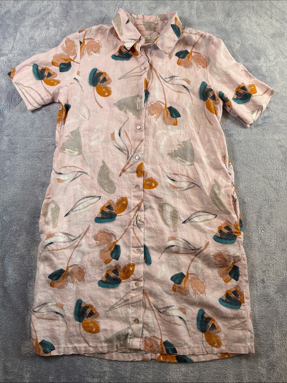 Rachel Zoe Blush Pink Floral Button-Front Midi Dress 100% Linen